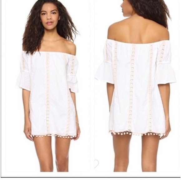 Tularosa Sara White Off the Shoulder Pom Trim Swiss Dot Shift Dress - Picture 3 of 6